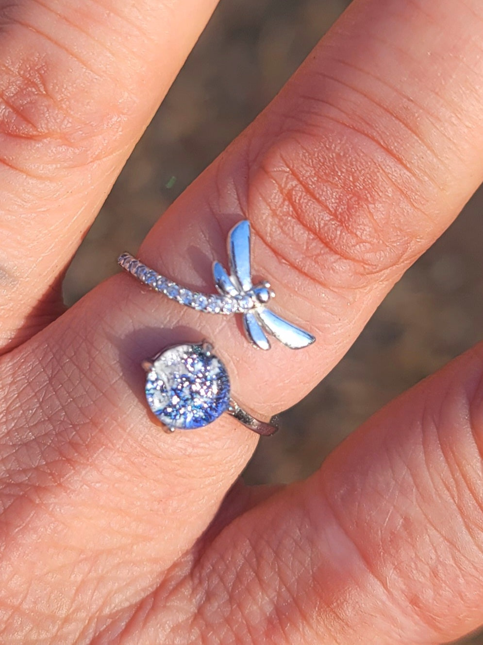 NEW CZ Dragonfly Cremation Ring for Ashes InFused Glass Sterling Silver Urn Adjustable Size Fits 6,7,8