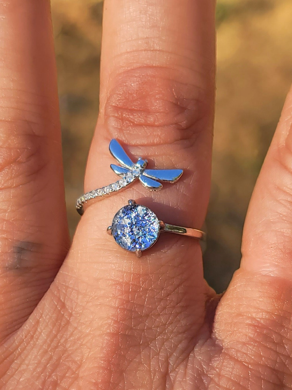 NEW CZ Dragonfly Cremation Ring for Ashes InFused Glass Sterling Silver Urn Adjustable Size Fits 6,7,8