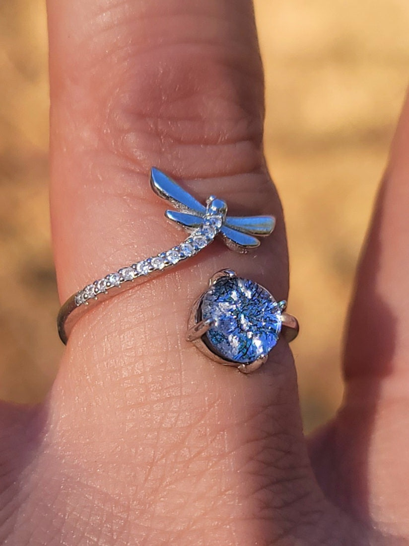 NEW CZ Dragonfly Cremation Ring for Ashes InFused Glass Sterling Silver Urn Adjustable Size Fits 6,7,8
