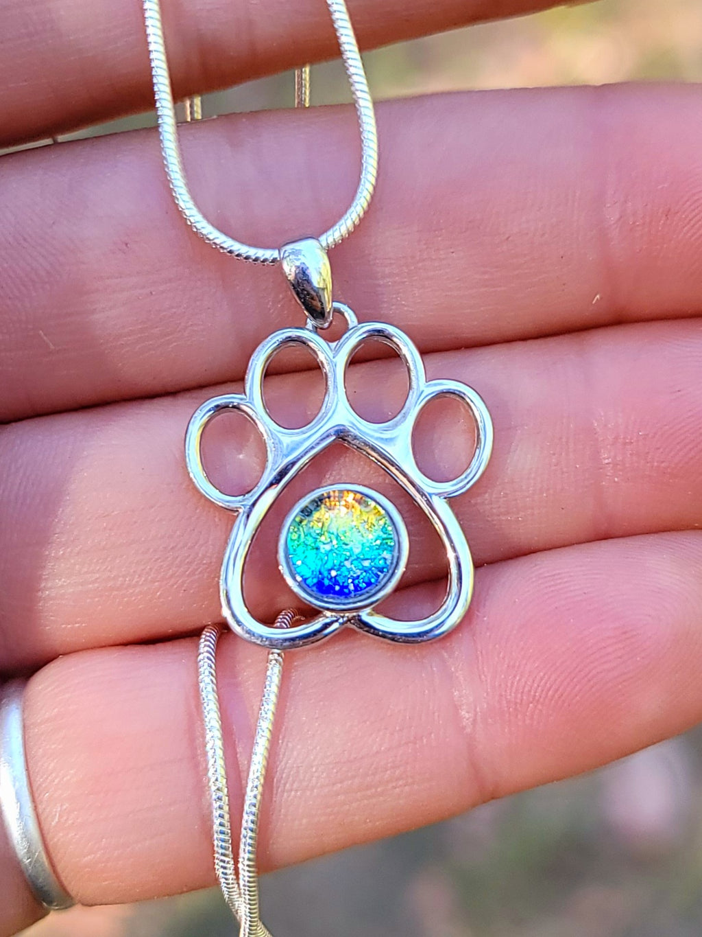 Paw Print Cremation Jewelry Ashes InFused Glass Sterling Silver Urn Necklace