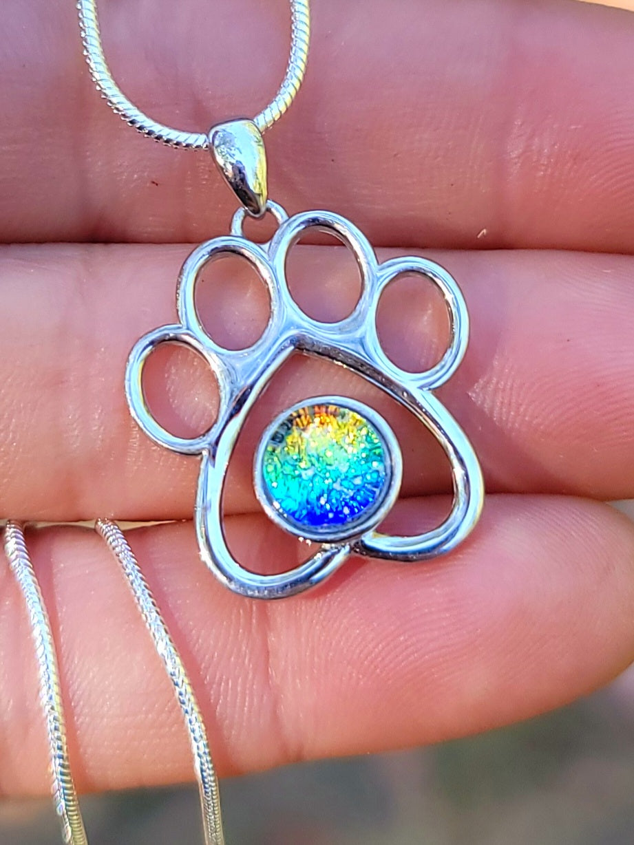 Paw Print Cremation Jewelry Ashes InFused Glass Sterling Silver Urn Necklace