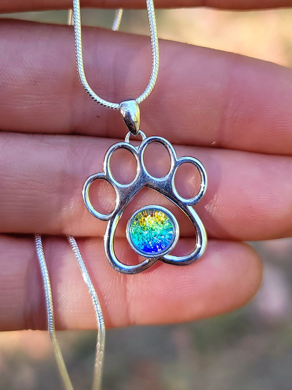 Paw Print Cremation Jewelry Ashes InFused Glass Sterling Silver Urn Necklace