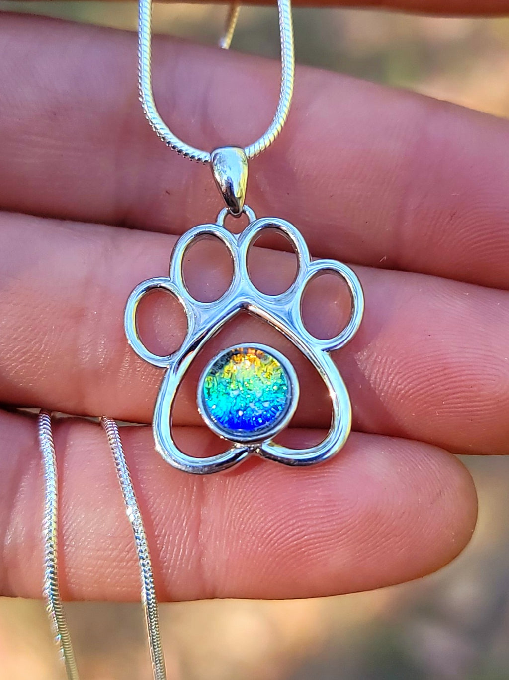 Paw Print Cremation Jewelry Ashes InFused Glass Sterling Silver Urn Necklace