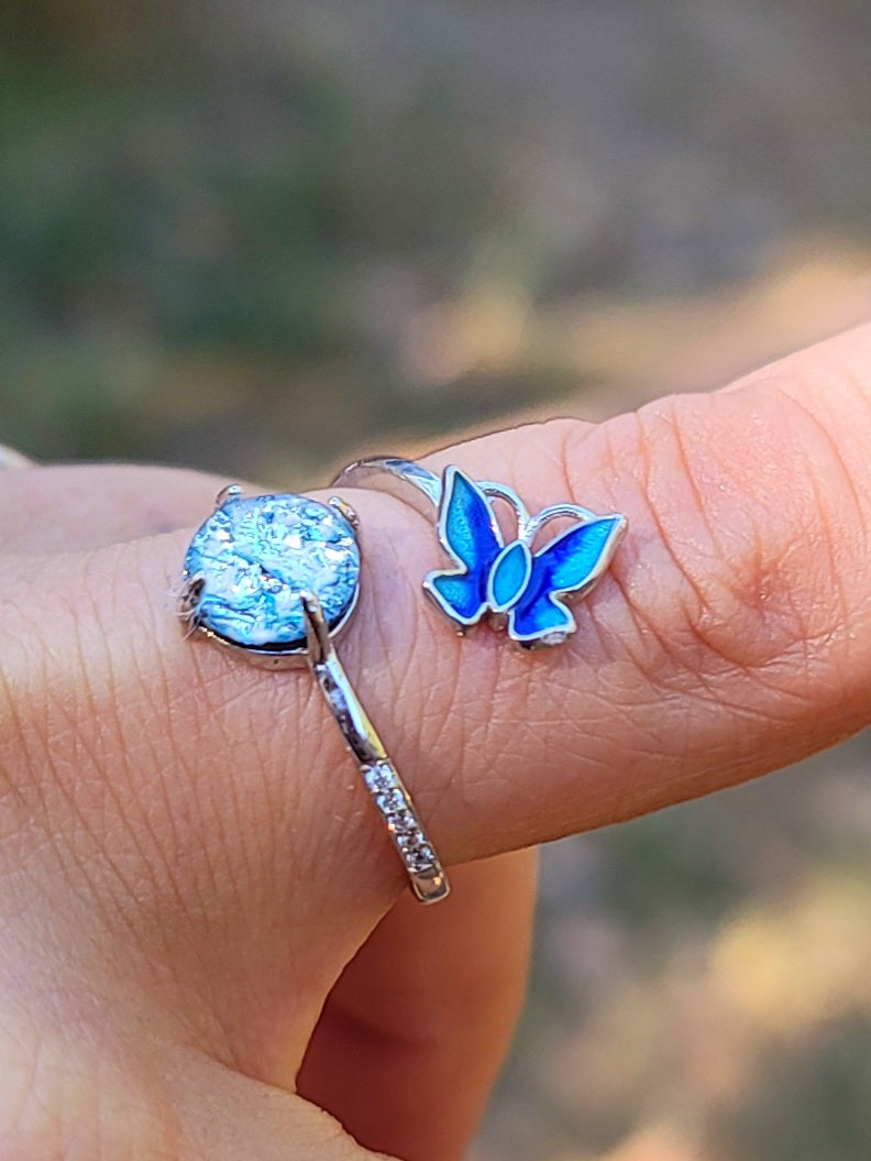 NEW CZ Butterfly Cremation Ring for Ashes InFused Glass Sterling Silver Urn Adjustable Size Fits 7,8,9