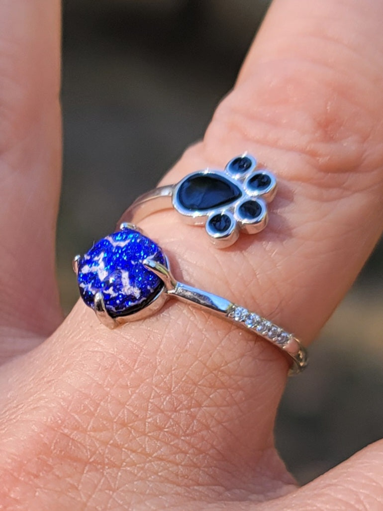 NEW CZ Paw Print Cremation Ring for Ashes InFused Glass Sterling Silver Urn Adjustable Size Fits 7,8,9