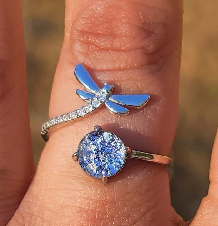 NEW CZ Dragonfly Cremation Ring for Ashes InFused Glass Sterling Silver Urn Adjustable Size Fits 6,7,8