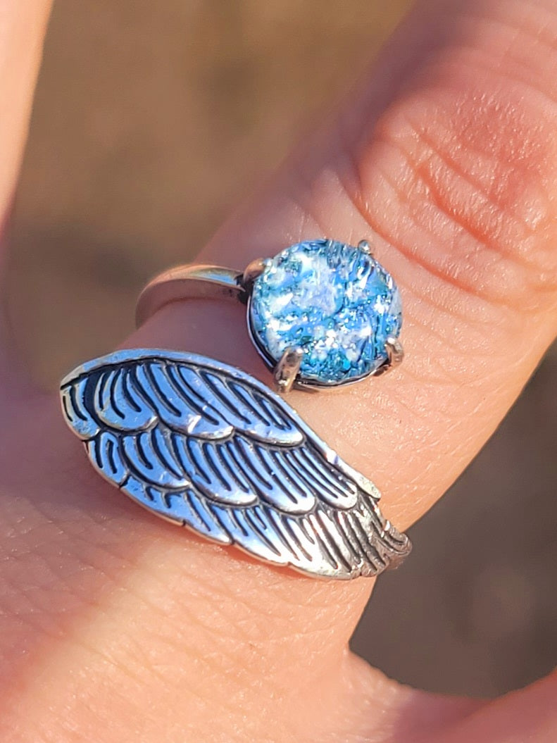 NEW Angel Wing Cremation Ring for Ashes InFused Glass Sterling Silver Urn Adjustable Size Fits 7,8,9
