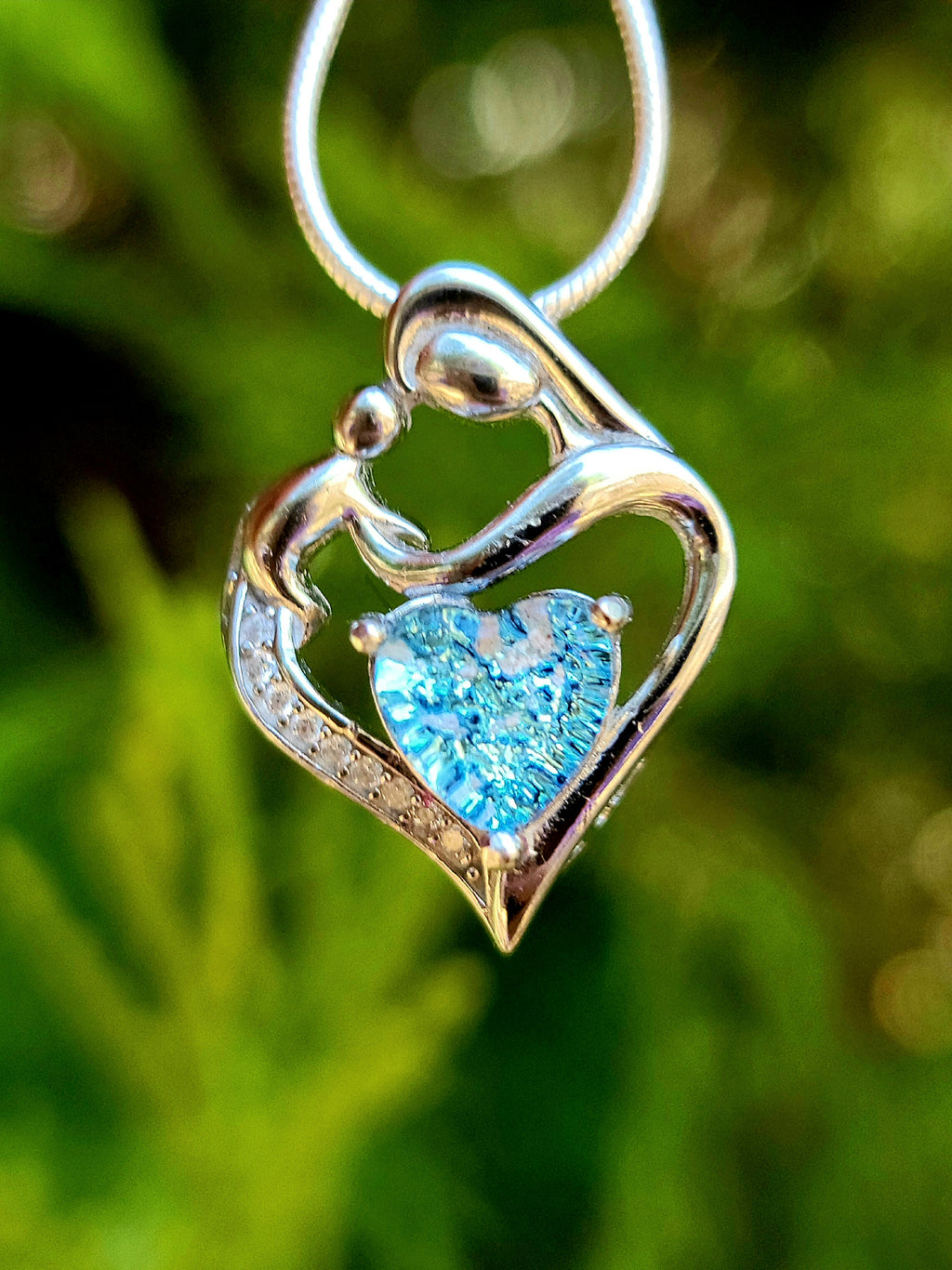 Mother and Child Cremation Pendant Heart Cut Ashes InFused Glass Urn Pendant