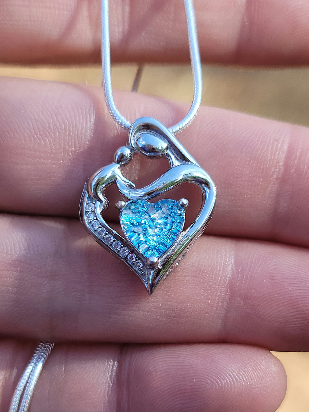 Mother and Child Cremation Pendant Heart Cut Ashes InFused Glass Urn Pendant