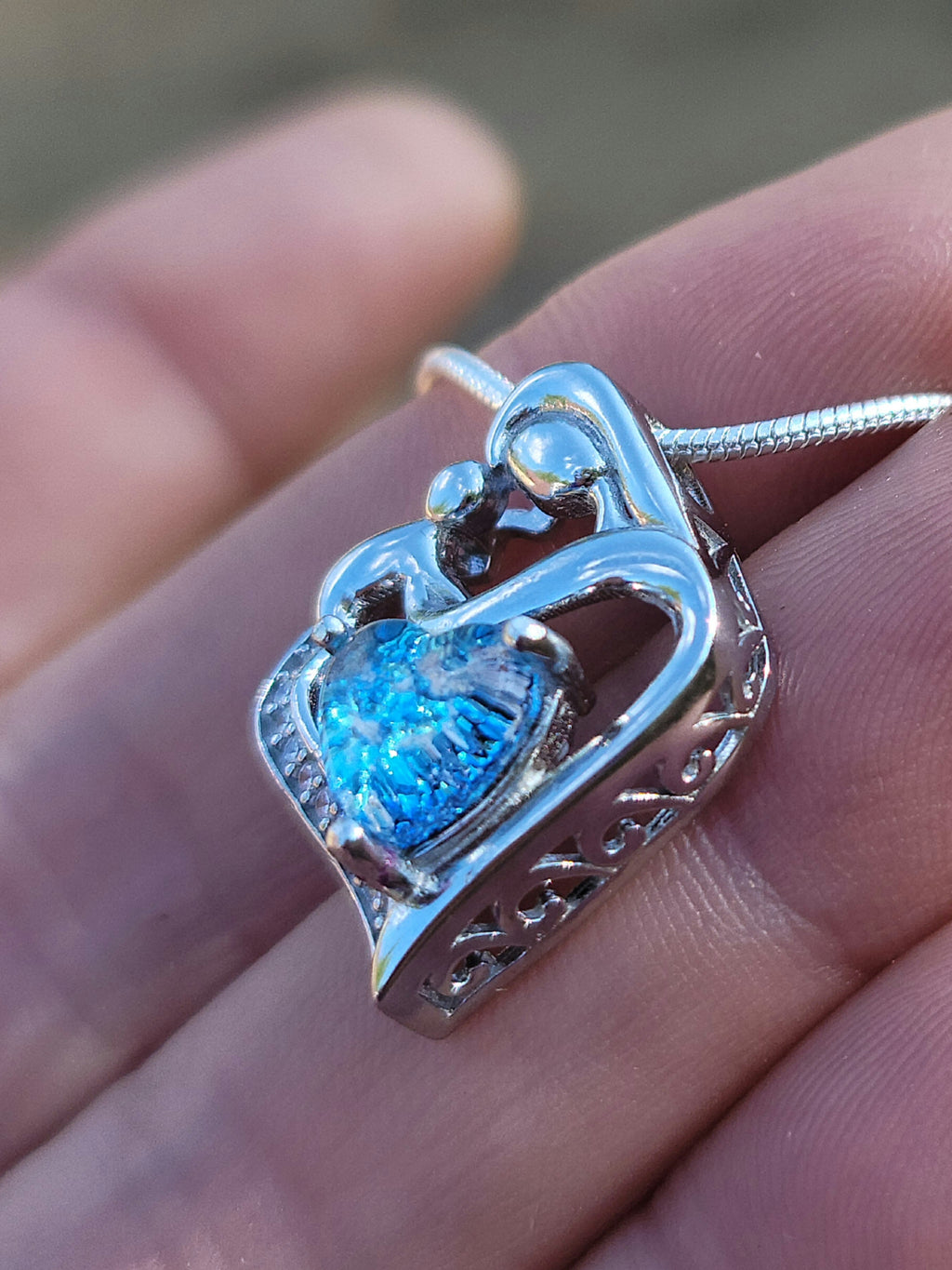 Mother and Child Cremation Pendant Heart Cut Ashes InFused Glass Urn Pendant