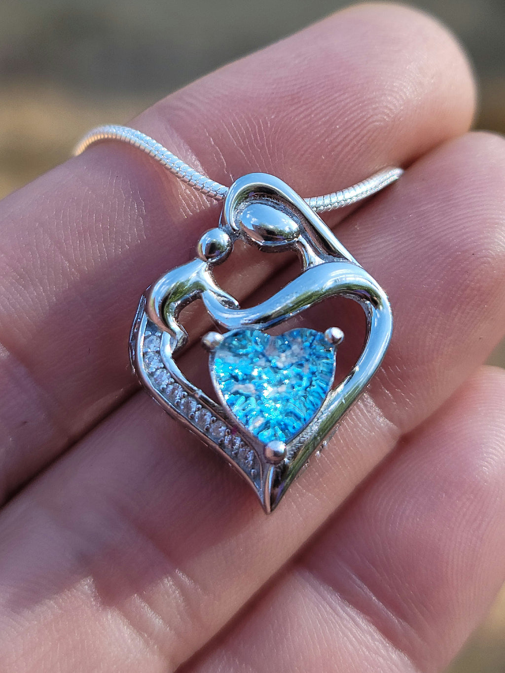 Mother and Child Cremation Pendant Heart Cut Ashes InFused Glass Urn Pendant