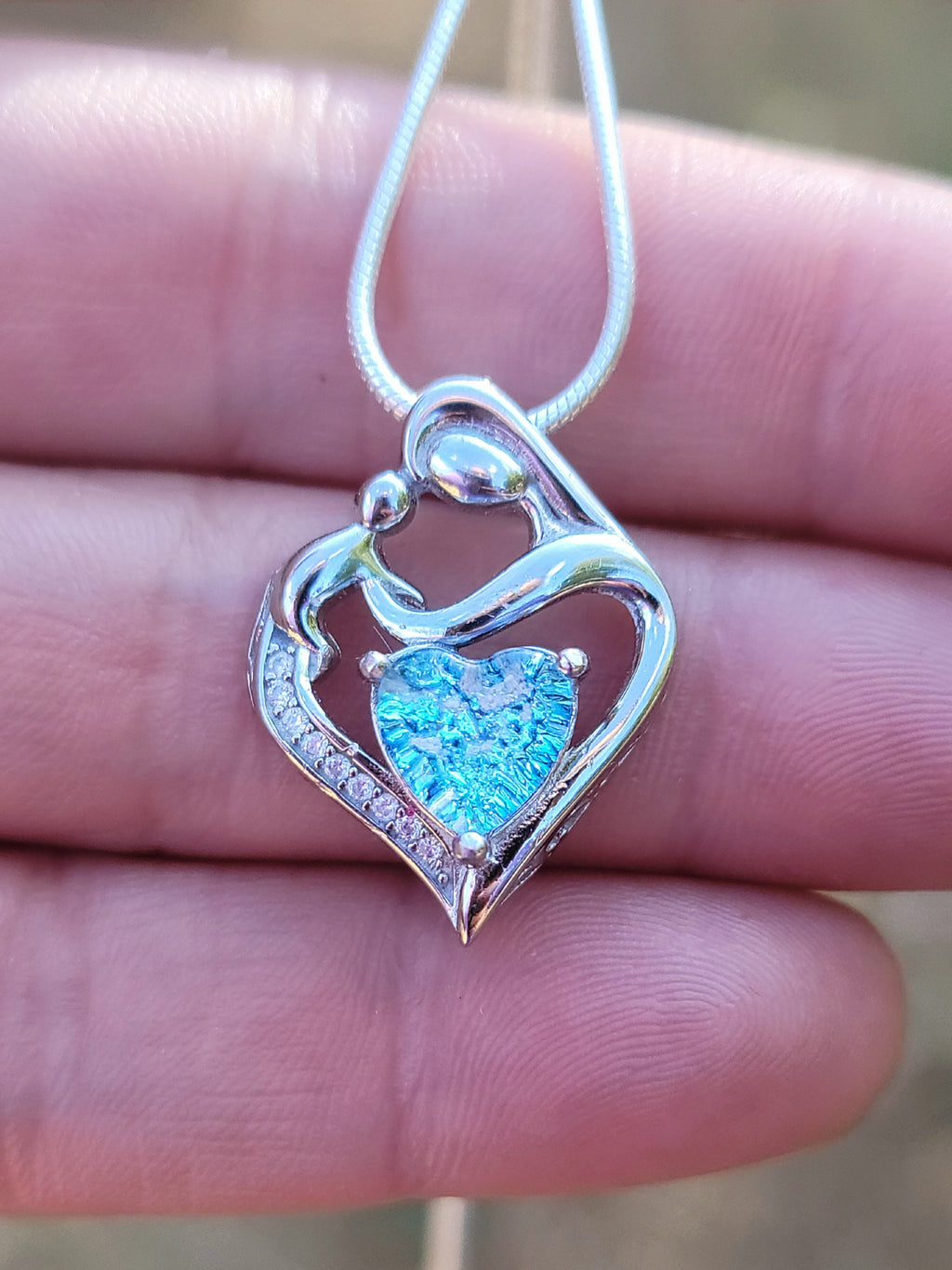 Mother and Child Cremation Pendant Heart Cut Ashes InFused Glass Urn Pendant