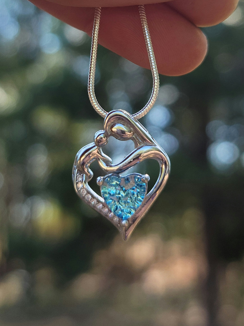 Mother and Child Cremation Pendant Heart Cut Ashes InFused Glass Urn Pendant