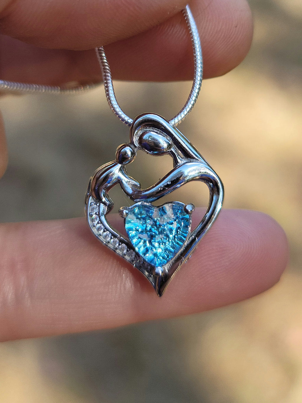 Mother and Child Cremation Pendant Heart Cut Ashes InFused Glass Urn Pendant