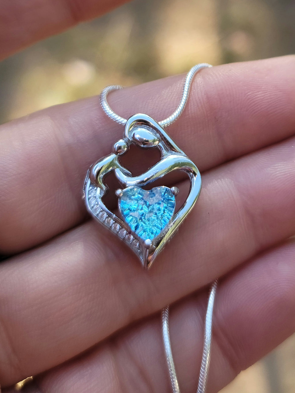 Mother and Child Cremation Pendant Heart Cut Ashes InFused Glass Urn Pendant