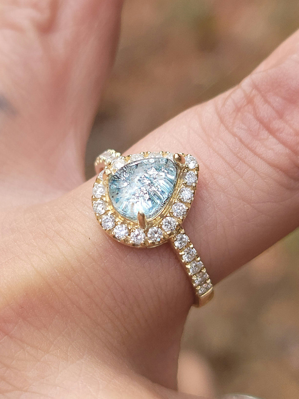 14k White or Yellow Gold Teardrop Halo Cremation Ring For Ashes 26 Moissanite Diamond Handmade Urn Custom Sizing