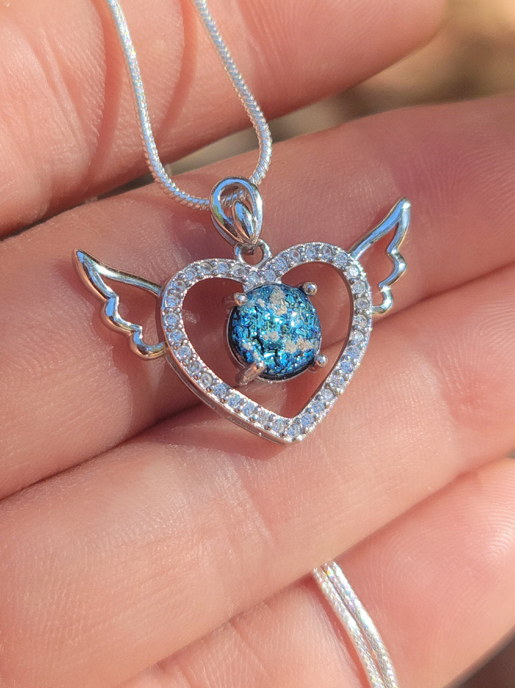 CZ Angel Wing Heart Cremation Jewelry Pendant Ashes InFused Glass Sterling Silver Pendant