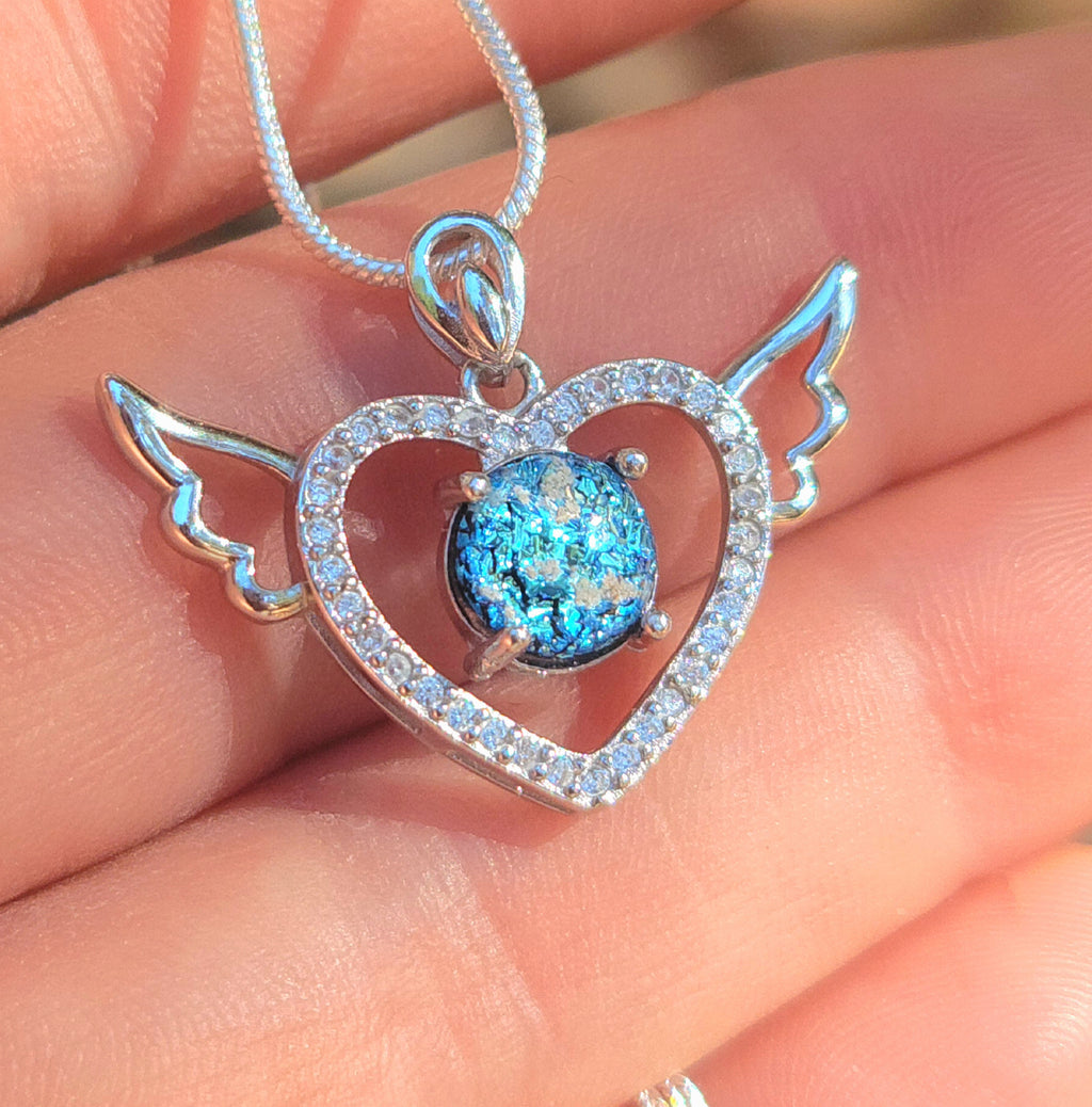 CZ Angel Wing Heart Cremation Jewelry Pendant Ashes InFused Glass Sterling Silver Pendant