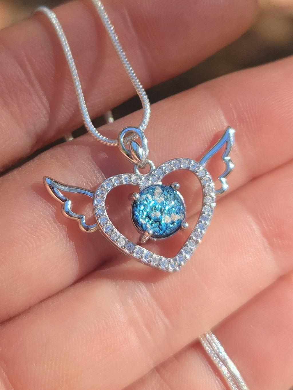 CZ Angel Wing Heart Cremation Jewelry Pendant Ashes InFused Glass Sterling Silver Pendant
