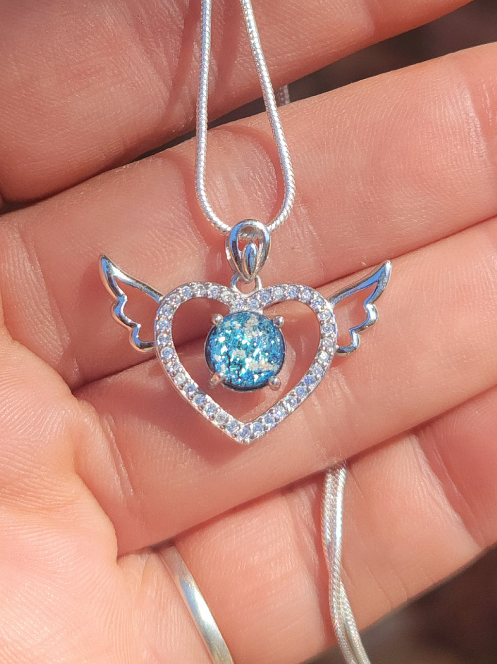 CZ Angel Wing Heart Cremation Jewelry Pendant Ashes InFused Glass Sterling Silver Pendant