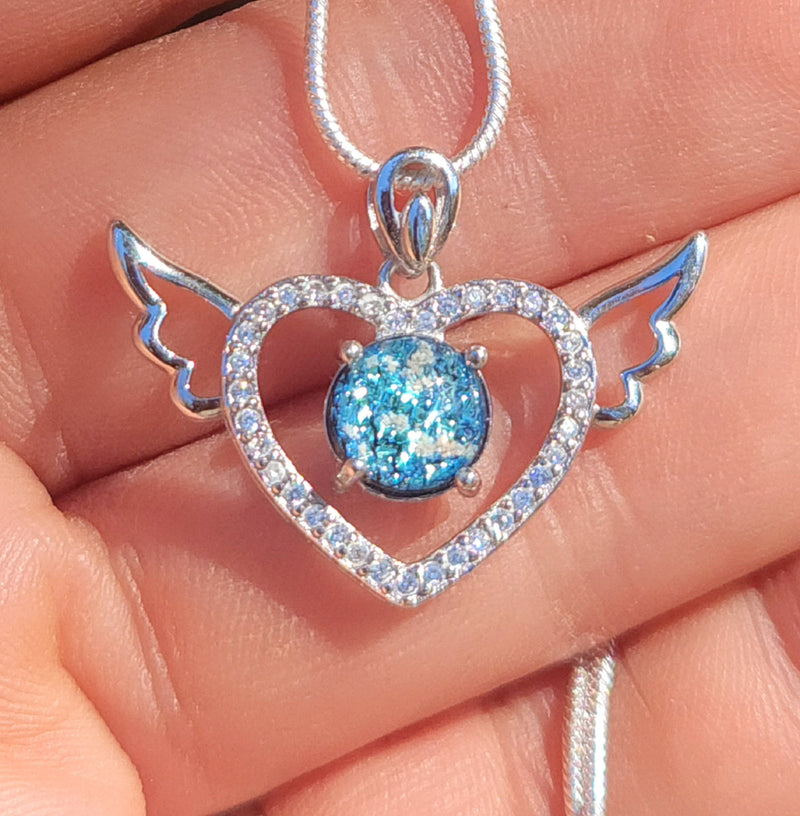 CZ Angel Wing Heart Cremation Jewelry Pendant Ashes InFused Glass Sterling Silver Pendant
