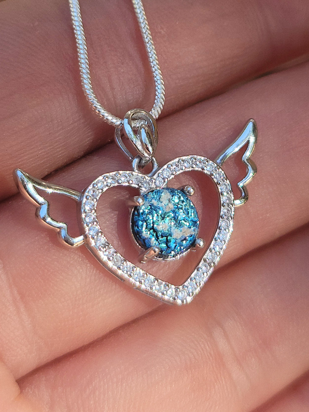 CZ Angel Wing Heart Cremation Jewelry Pendant Ashes InFused Glass Sterling Silver Pendant
