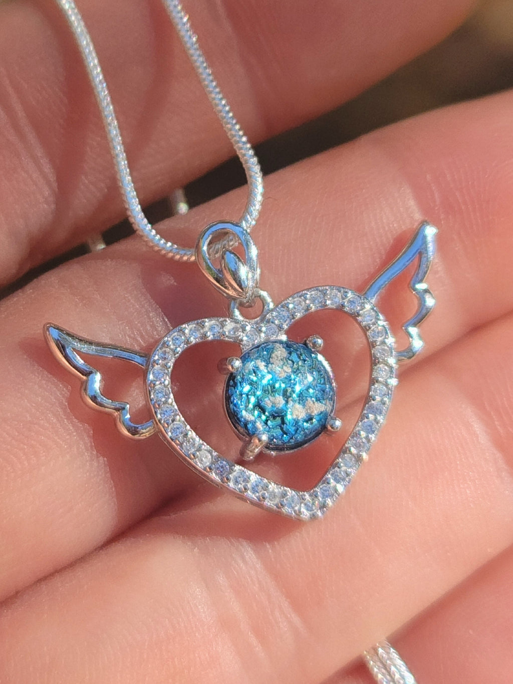 CZ Angel Wing Heart Cremation Jewelry Pendant Ashes InFused Glass Sterling Silver Pendant