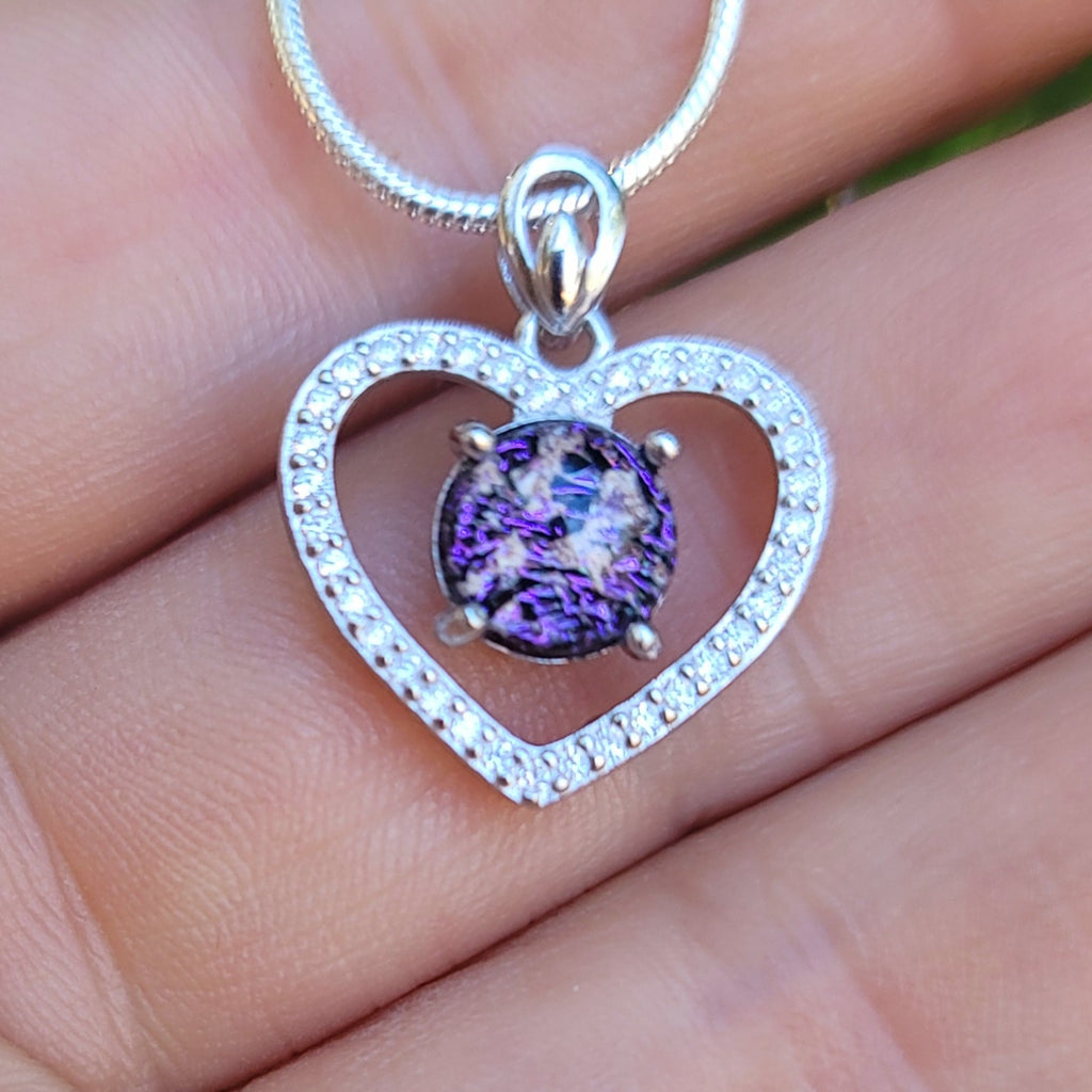 CZ Love Heart Cremation Jewelry Pendant Ashes InFused Glass Sterling Silver Pendant