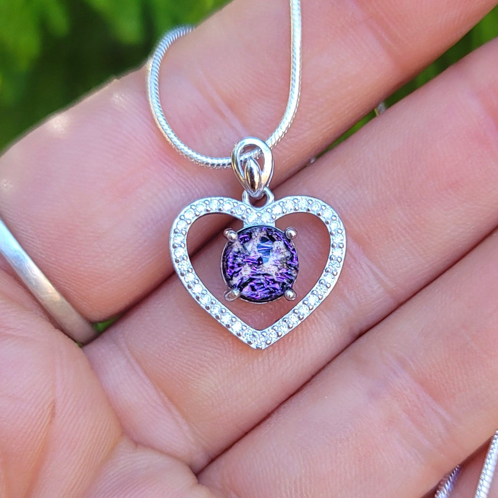 CZ Love Heart Cremation Jewelry Pendant Ashes InFused Glass Sterling Silver Pendant