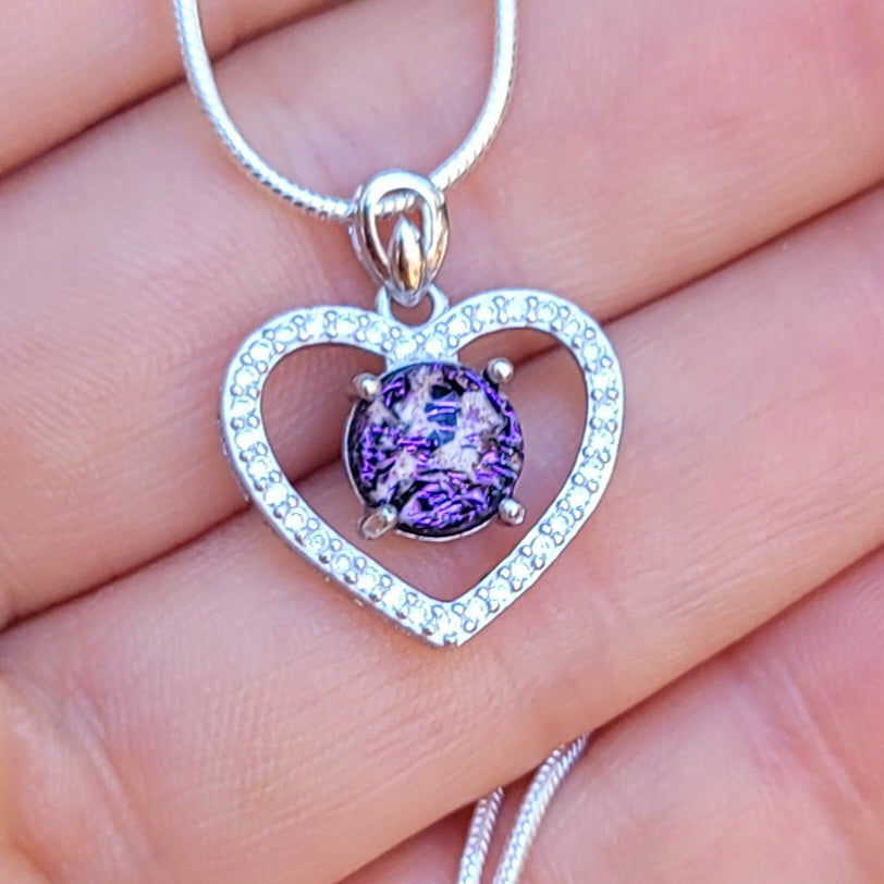 CZ Love Heart Cremation Jewelry Pendant Ashes InFused Glass Sterling Silver Pendant