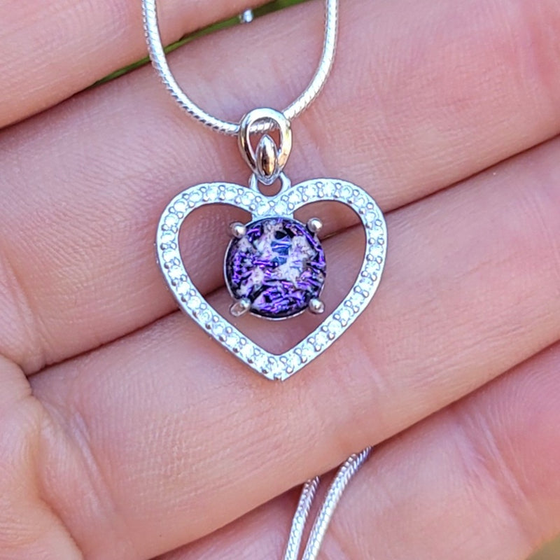 CZ Love Heart Cremation Jewelry Pendant Ashes InFused Glass Sterling Silver Pendant