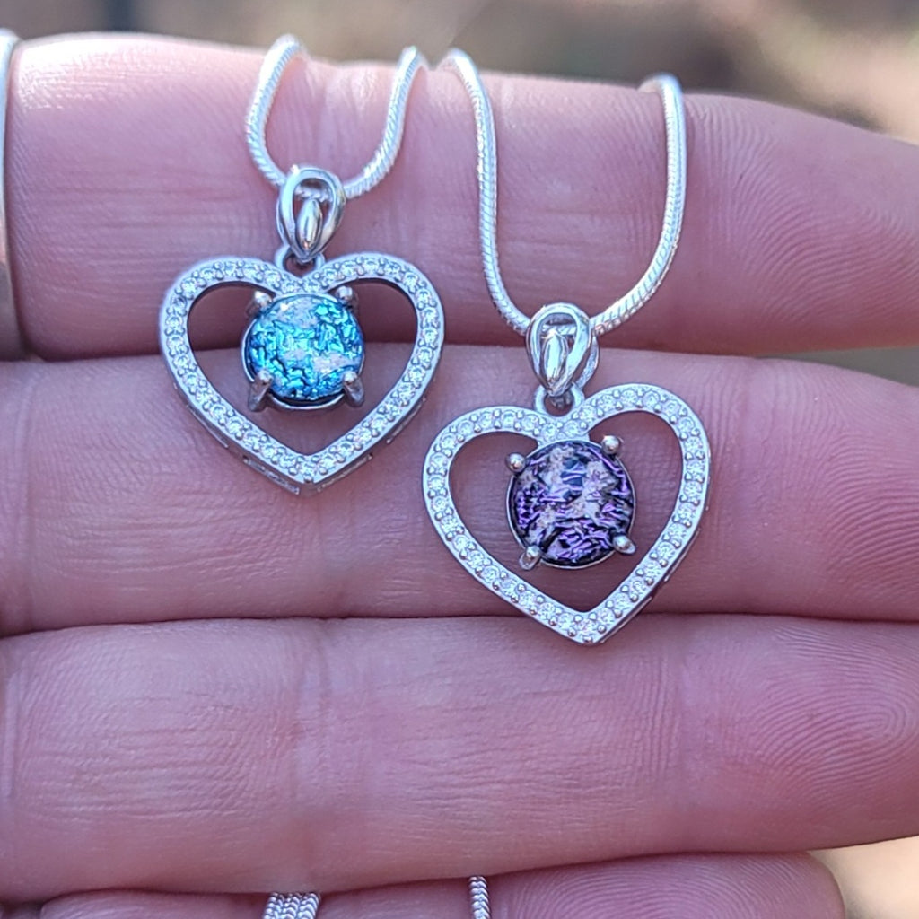 CZ Love Heart Cremation Jewelry Pendant Ashes InFused Glass Sterling Silver Pendant