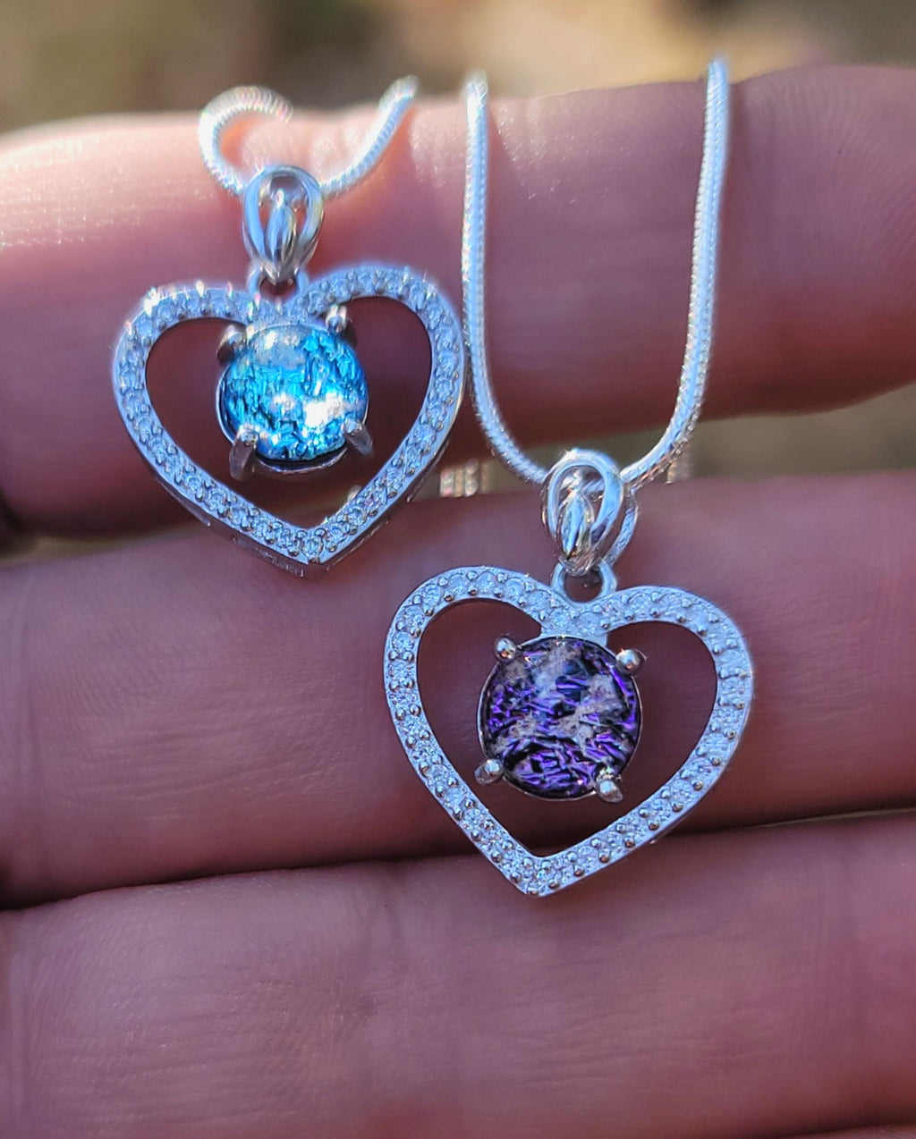 CZ Love Heart Cremation Jewelry Pendant Ashes InFused Glass Sterling Silver Pendant