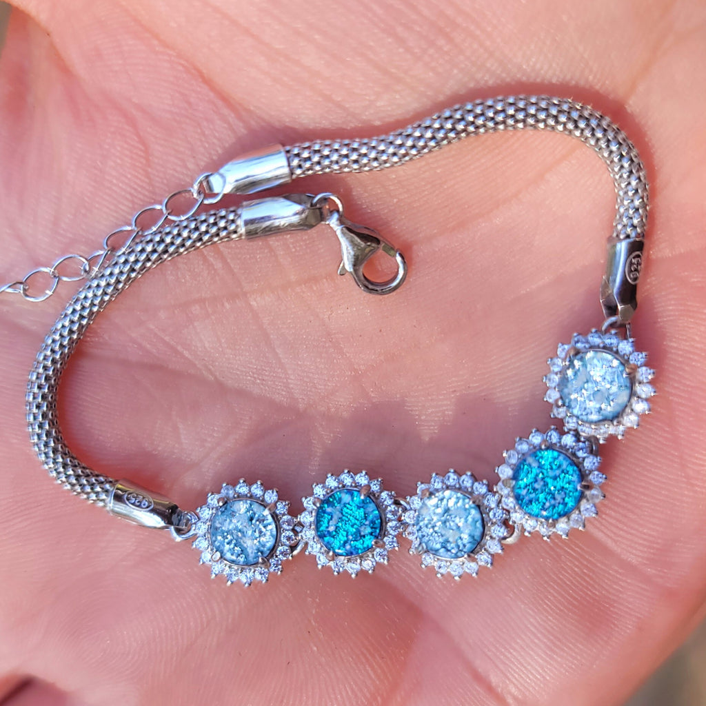 CZ Halo Cremation Ash Bracelet 5x 5mm Stones Ashes InFused Glass Italian Silver Rope Chain Adjustable Clasp