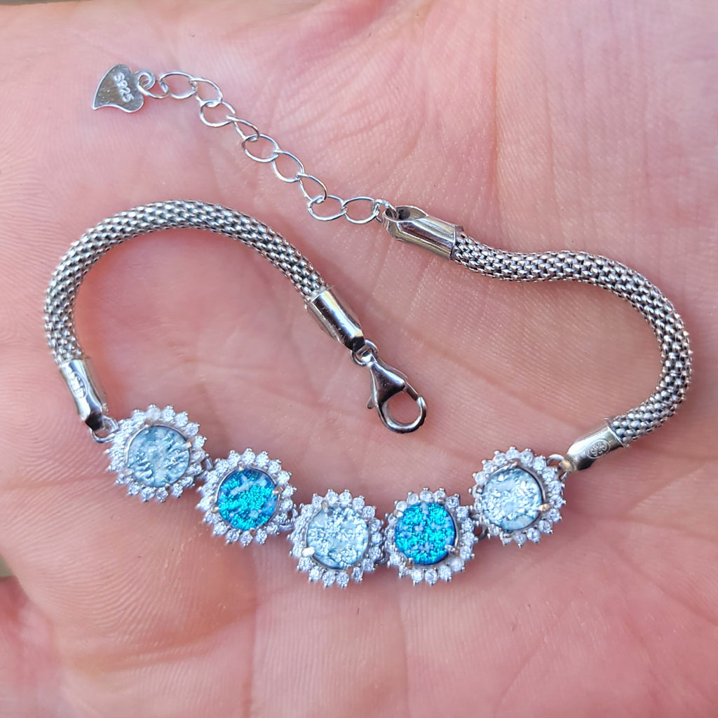 CZ Halo Cremation Ash Bracelet 5x 5mm Stones Ashes InFused Glass Italian Silver Rope Chain Adjustable Clasp