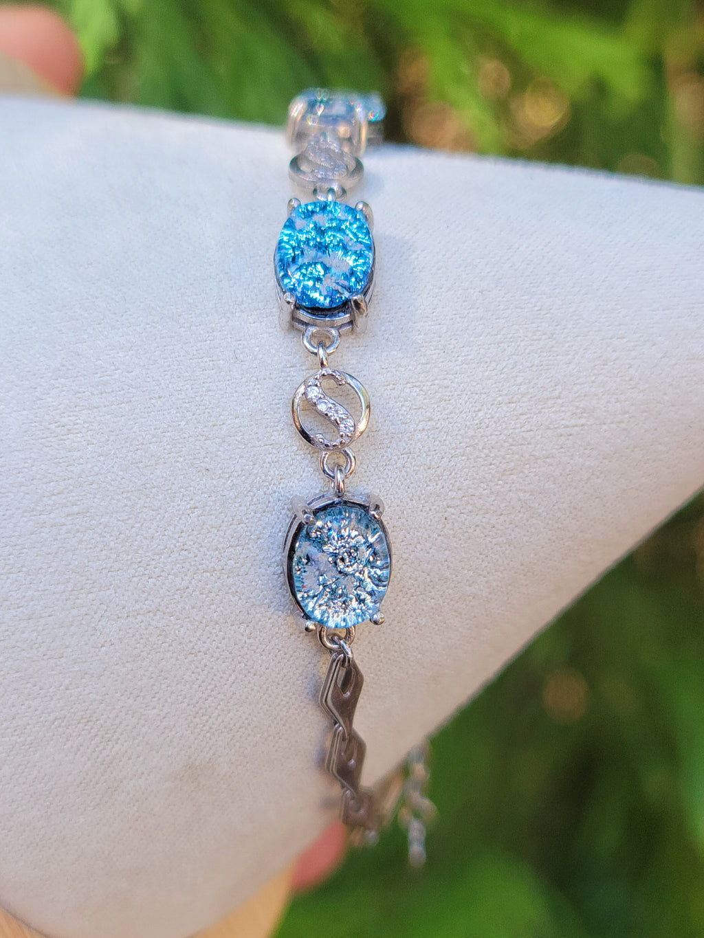 NEW 3 Stone Cremation Ashes InFused Glass Bracelets Claw Link Sterling Silver Chain CZ Accents