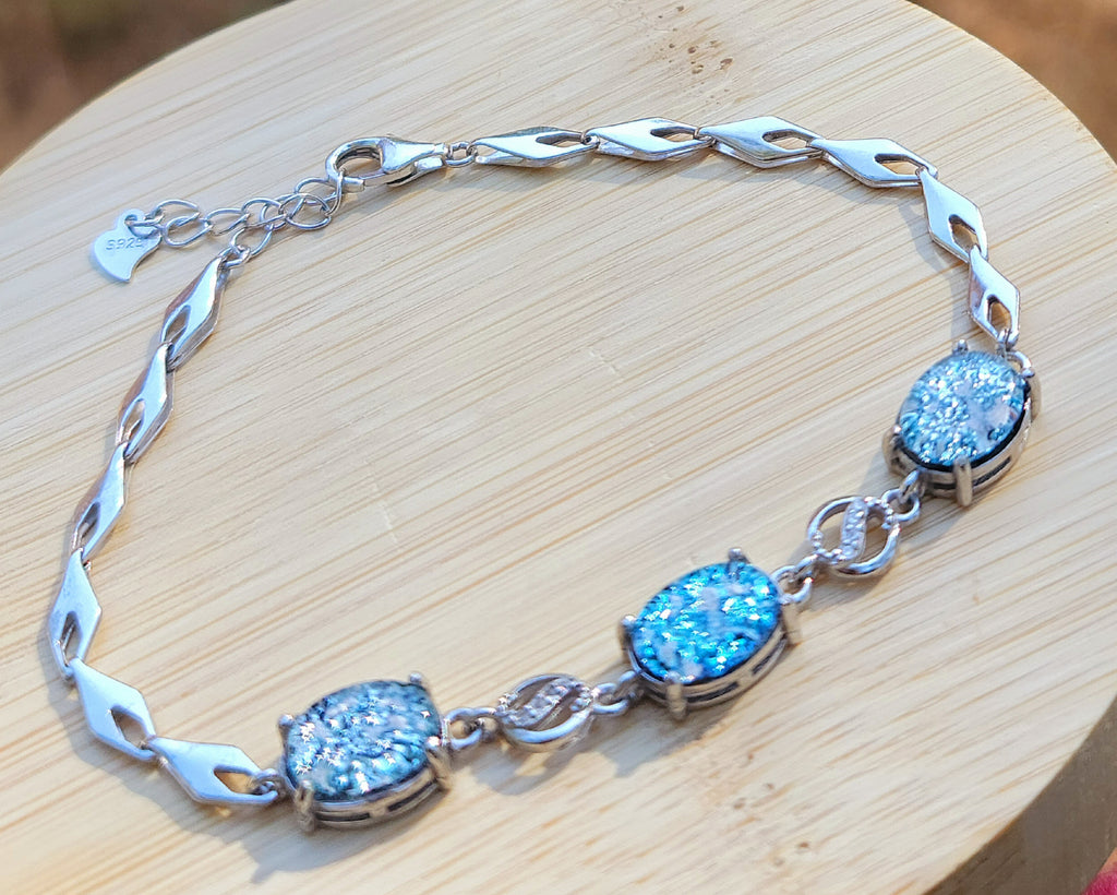 NEW 3 Stone Cremation Ashes InFused Glass Bracelets Claw Link Sterling Silver Chain CZ Accents