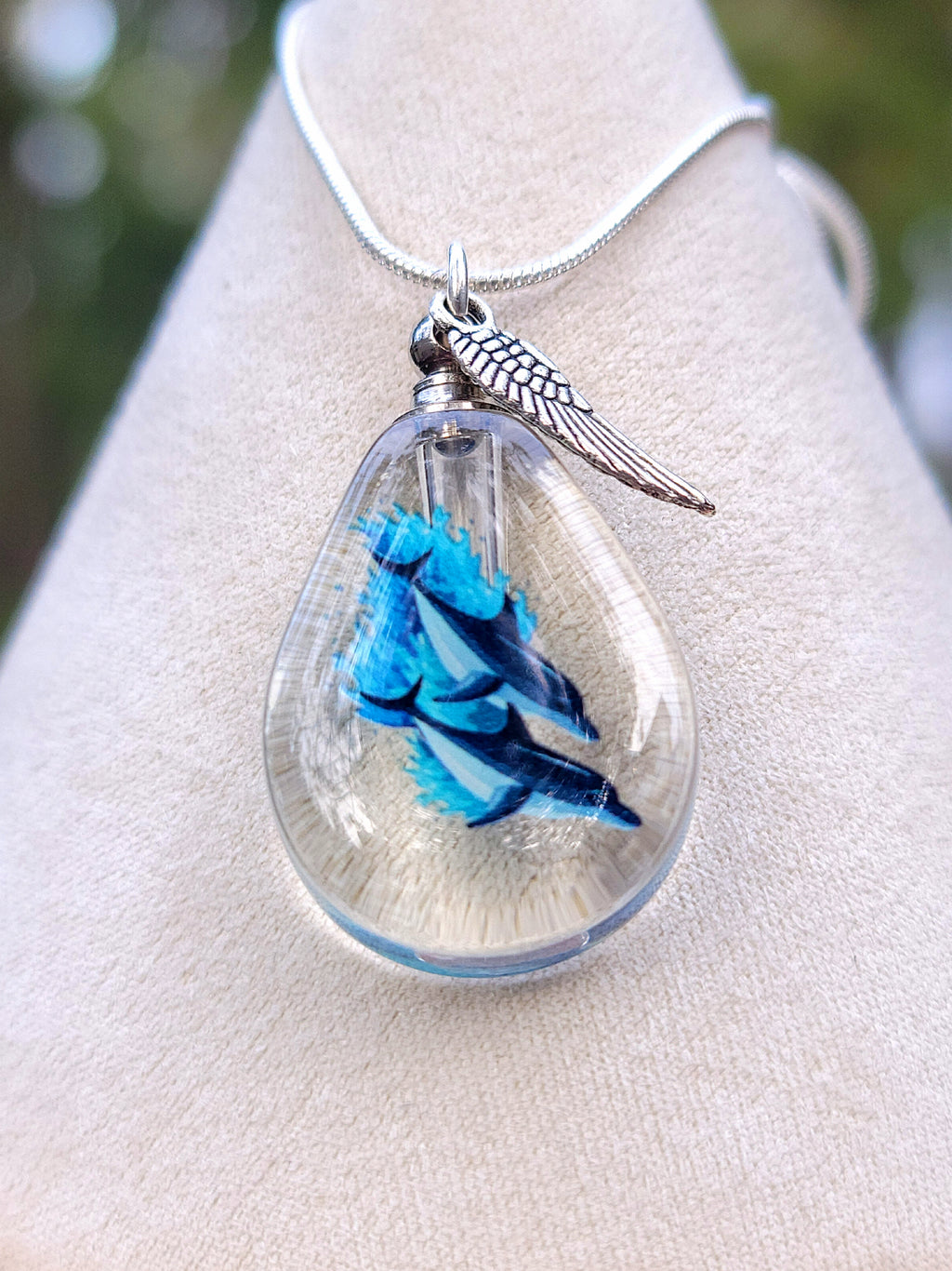 DIY 2 Dolphins Ocean Wave Teardrop Cremation Jewelry Necklace Sympathy Kit Gift Wrapped with Tools