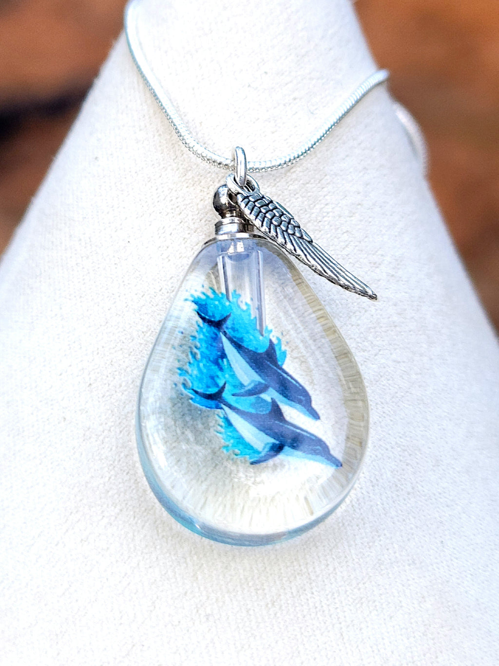 DIY 2 Dolphins Ocean Wave Teardrop Cremation Jewelry Necklace Sympathy Kit Gift Wrapped with Tools