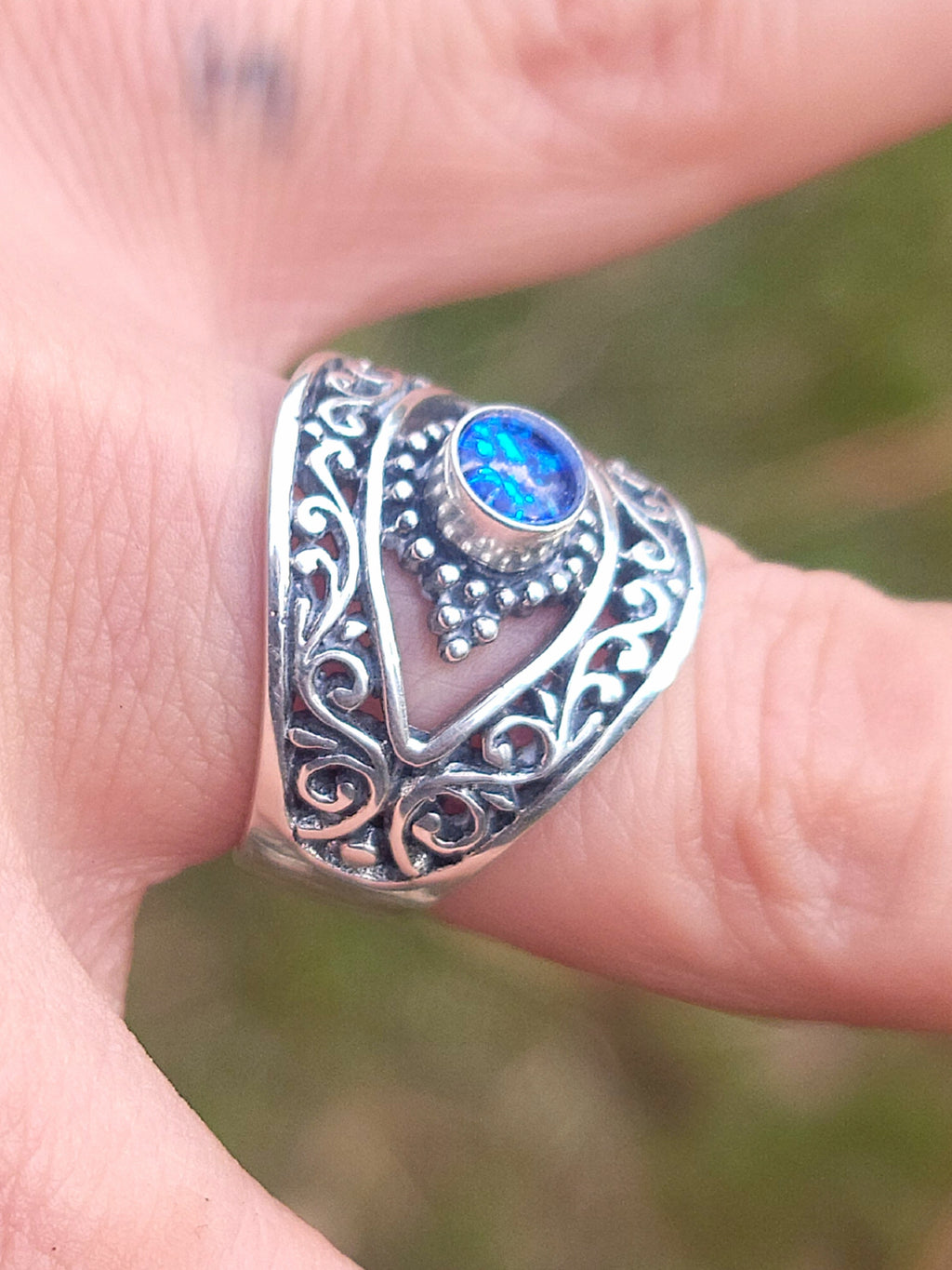 Balinese Carved Evil Eye Protection Cremation Ring Ashes InFused Glass Sterling Silver Urn 7,8,9