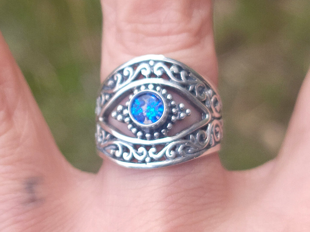 Balinese Carved Evil Eye Protection Cremation Ring Ashes InFused Glass Sterling Silver Urn 7,8,9