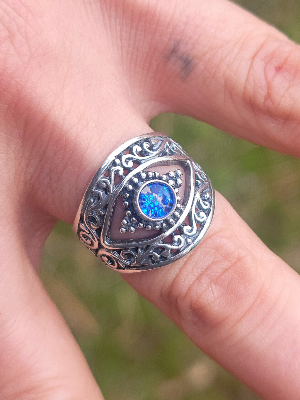 NEW Balinese Carved Evil Eye Protection Cremation Ring Ashes InFused Glass Sterling Silver Urn 7,8,9