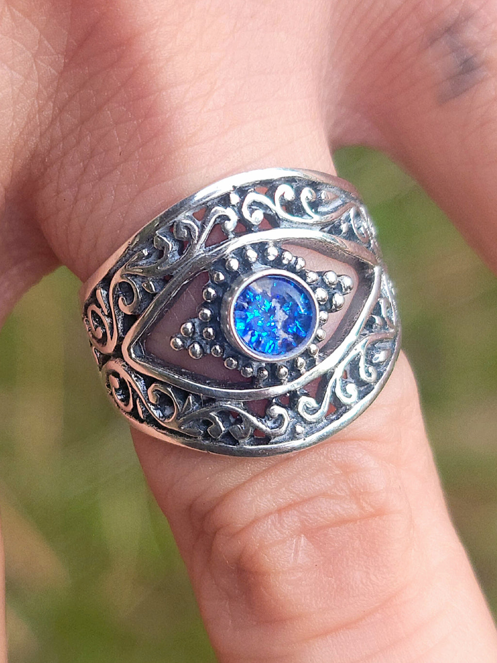 Balinese Carved Evil Eye Protection Cremation Ring Ashes InFused Glass Sterling Silver Urn 7,8,9