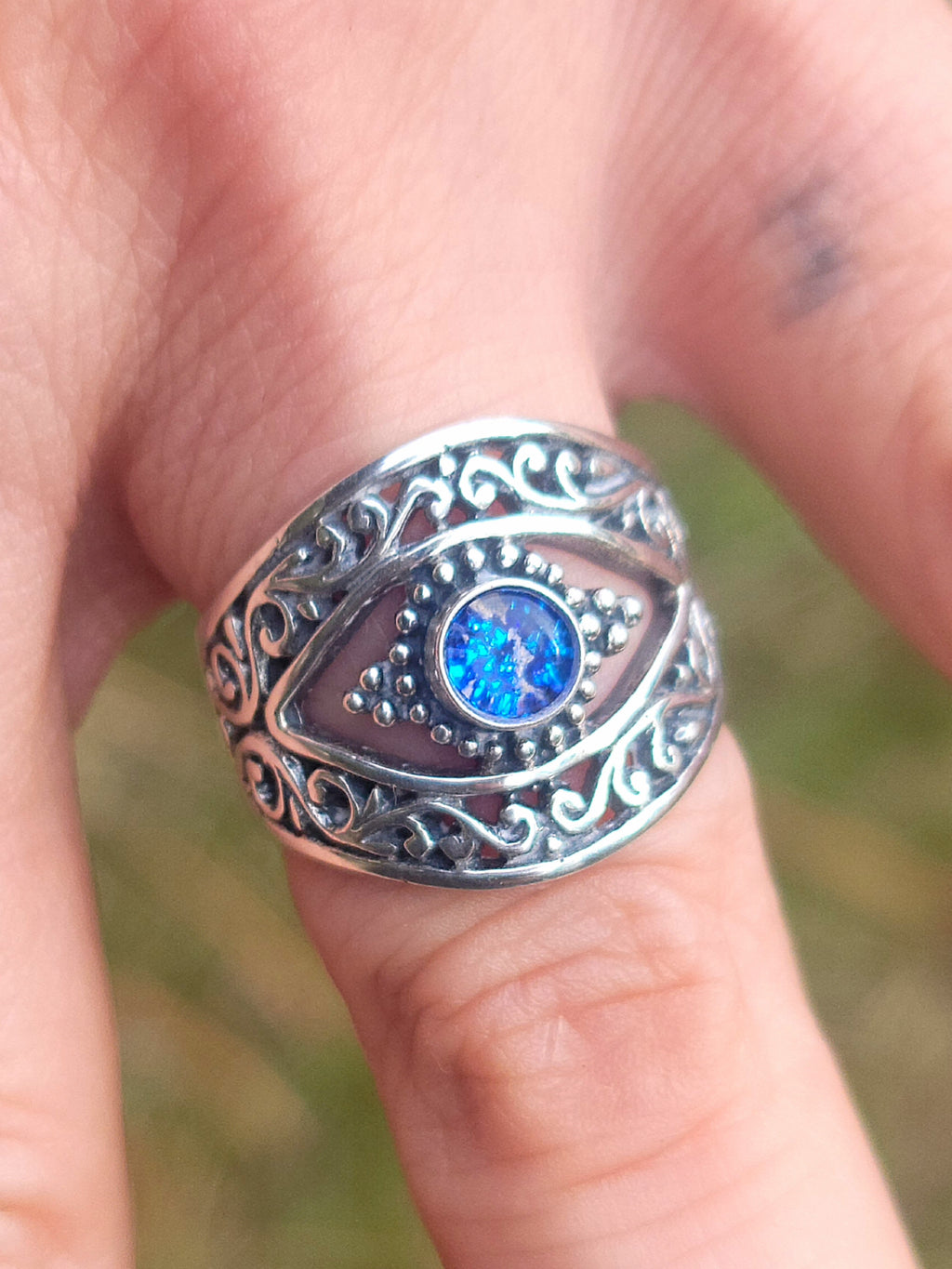 Balinese Carved Evil Eye Protection Cremation Ring Ashes InFused Glass Sterling Silver Urn 7,8,9