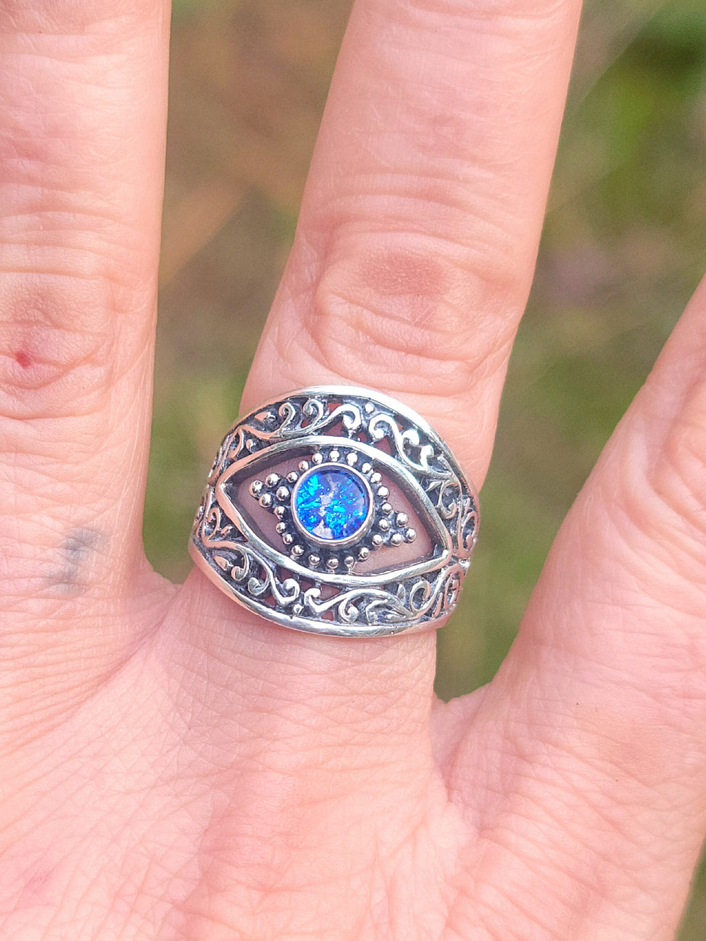 Balinese Carved Evil Eye Protection Cremation Ring Ashes InFused Glass Sterling Silver Urn 7,8,9