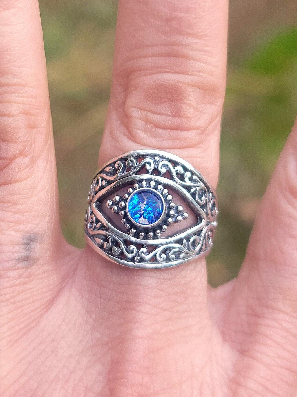 Balinese Carved Evil Eye Protection Cremation Ring Ashes InFused Glass Sterling Silver Urn 7,8,9