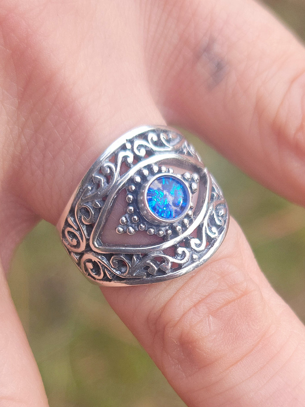 Balinese Carved Evil Eye Protection Cremation Ring Ashes InFused Glass Sterling Silver Urn 7,8,9