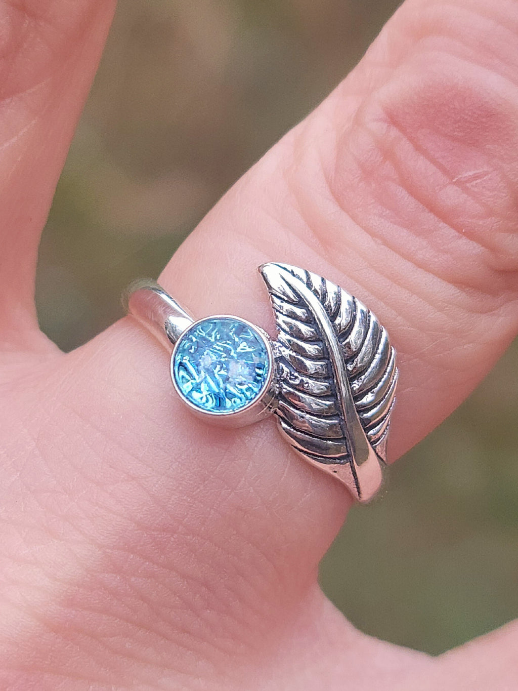CLEARANCE Leaf Cremation Ring Ashes InFused Glass Bali Sterling Silver Urn 7,8,9