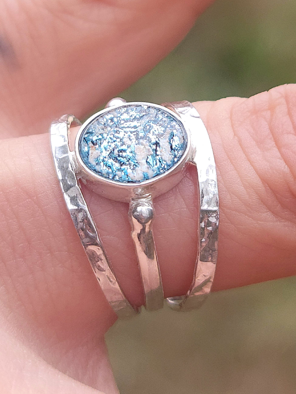 3 Band Bangle Cremation Ring Ashes InFused Glass Bali Sterling Silver Urn 6,7,8,9
