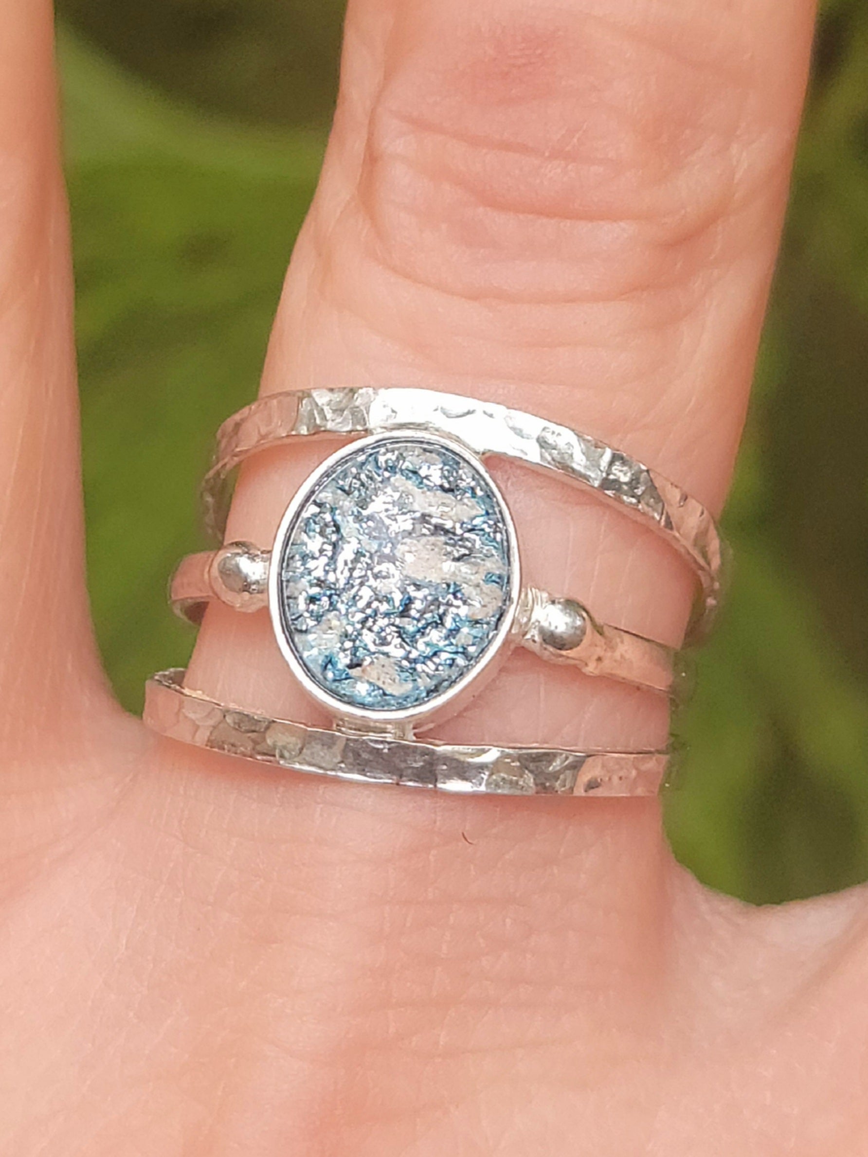 NEW 3 Band Bangle Cremation Ring Ashes InFused Glass Bali Sterling